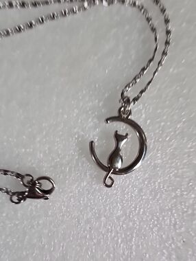 Hand Crafted Silver Cat on Moon Necklace